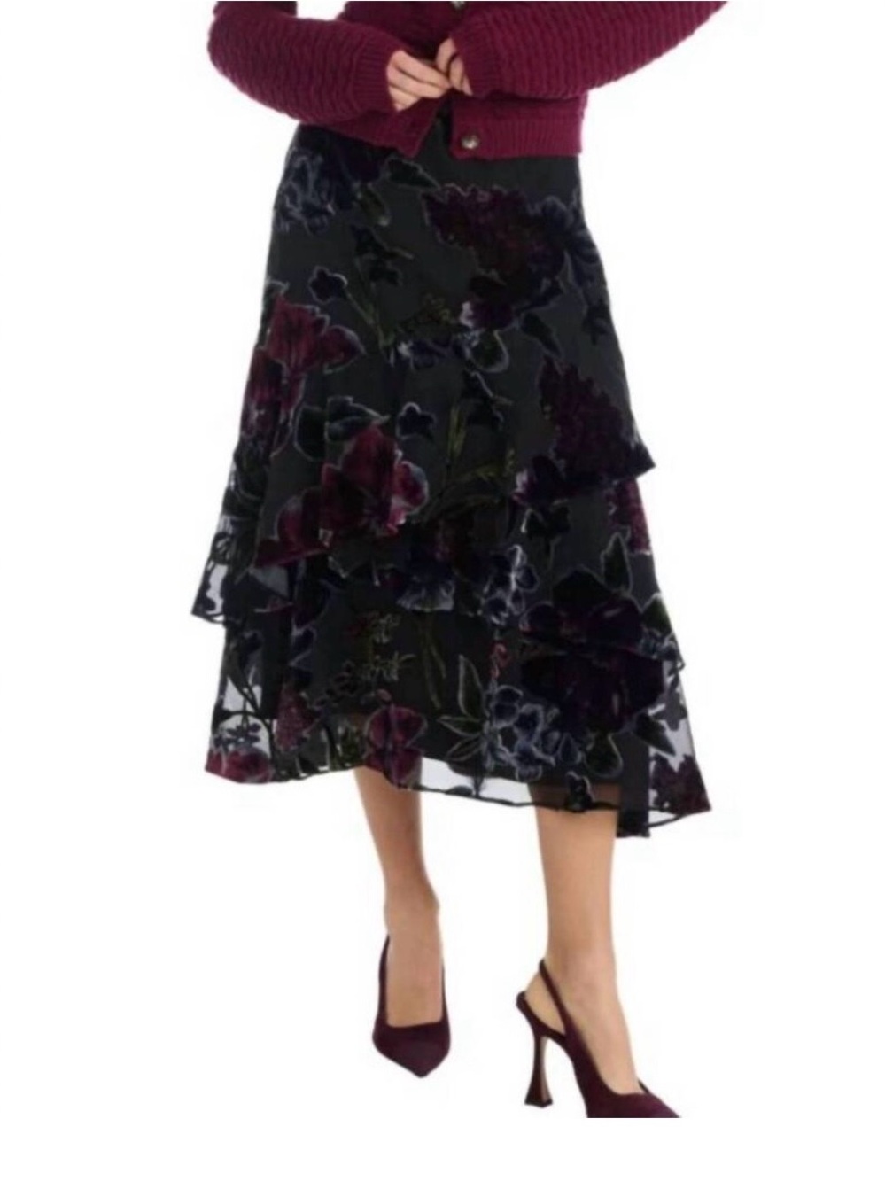 NWT Allison Crawford black velvet floral midi skirt